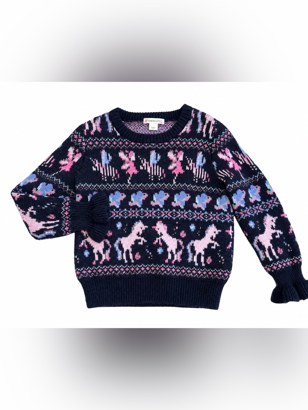 Crewcuts Girls 4-5 Unicorn Fair Isle Wool Blend Sweater Ruffle Sleeve